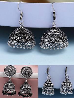  women's set of 3 traditional silver plated oxidized jhumka earrings 1