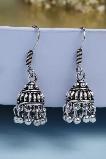  women's set of 3 traditional silver plated oxidized jhumka earrings