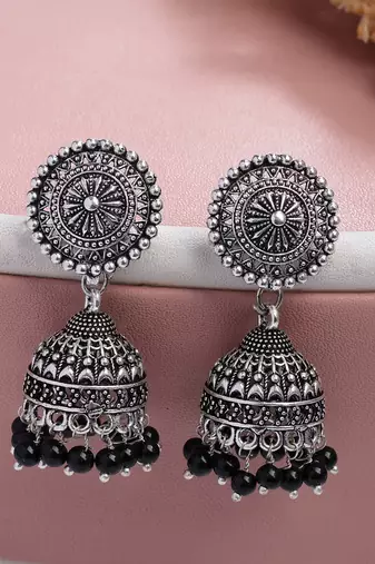  women's set of 3 traditional silver plated oxidized jhumka earrings