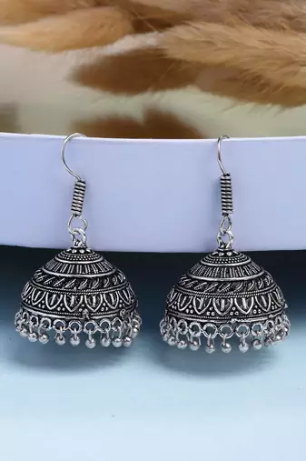  women's set of 3 traditional silver plated oxidized jhumka earrings