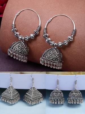  women's set of 3 silver plated oxidized contemporary jhumka earrings 1
