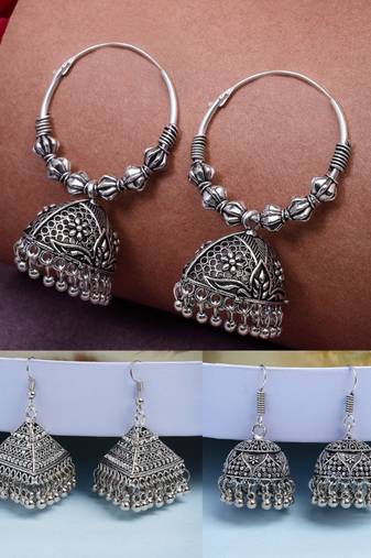  women's set of 3 silver plated oxidized contemporary jhumka earrings