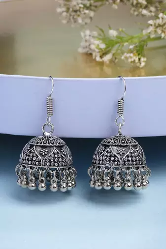  women's set of 3 silver plated oxidized contemporary jhumka earrings