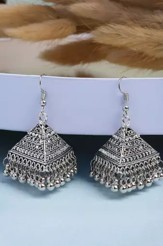  women's set of 3 silver plated oxidized contemporary jhumka earrings