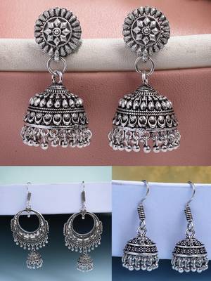  women set of 3 silver plated oxidized traditional jhumka earrings 1
