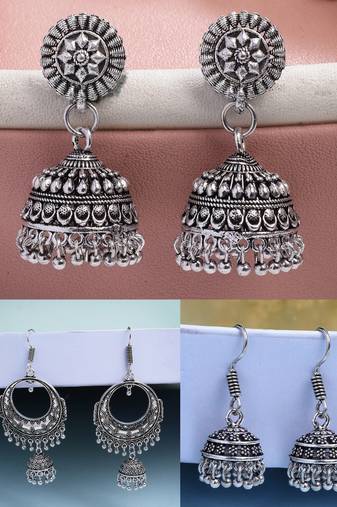  women set of 3 silver plated oxidized traditional jhumka earrings