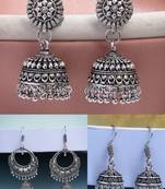  women set of 3 silver plated oxidized traditional jhumka earrings