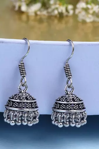  women set of 3 silver plated oxidized traditional jhumka earrings