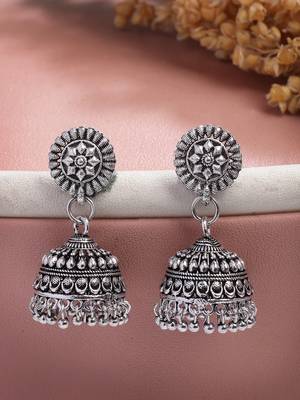  women set of 3 silver plated oxidized traditional jhumka earrings 3