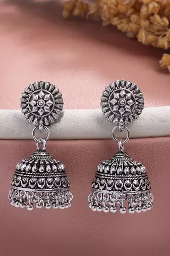 women set of 3 silver plated oxidized traditional jhumka earrings