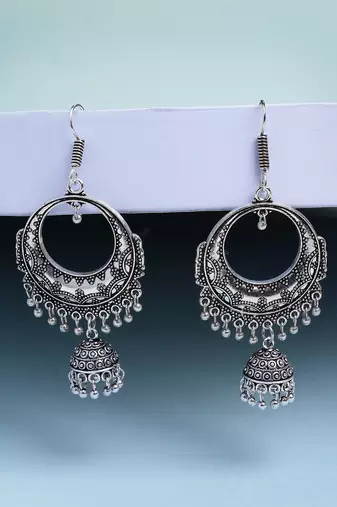  women set of 3 silver plated oxidized traditional jhumka earrings