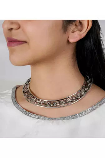  women's silver-plated oxidized statement choker necklace
