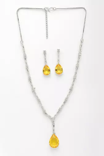  women's silver-plated yellow american diamond-studded handcrafted jewellery set
