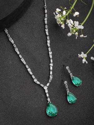  women's silver-plated green american diamond-studded handcrafted jewellery set 1