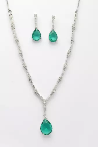  women's silver-plated green american diamond-studded handcrafted jewellery set