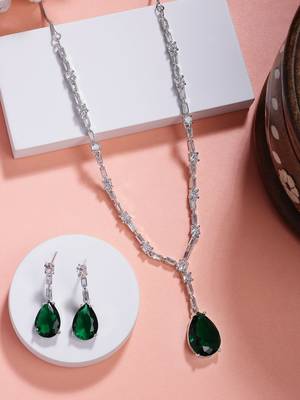  women's silver-plated dark green american diamond-studded handcrafted jewellery set 1