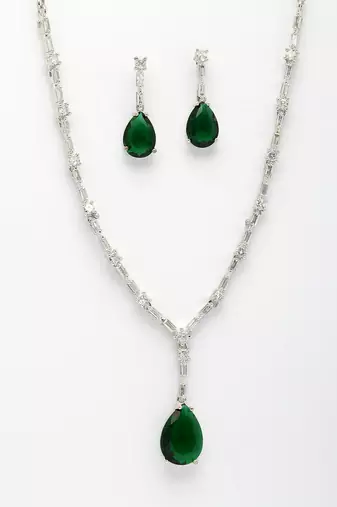  women's silver-plated dark green american diamond-studded handcrafted jewellery set