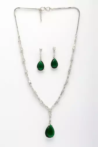  women's silver-plated dark green american diamond-studded handcrafted jewellery set