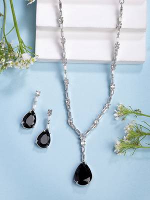  women's silver-plated black american diamond-studded handcrafted jewellery set 1