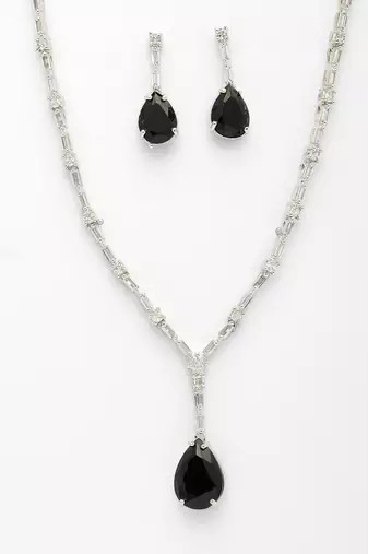  women's silver-plated black american diamond-studded handcrafted jewellery set