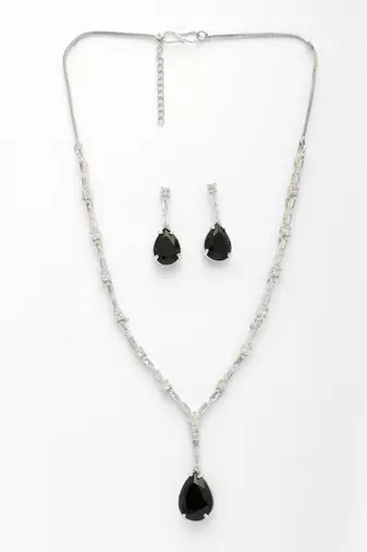  women's silver-plated black american diamond-studded handcrafted jewellery set