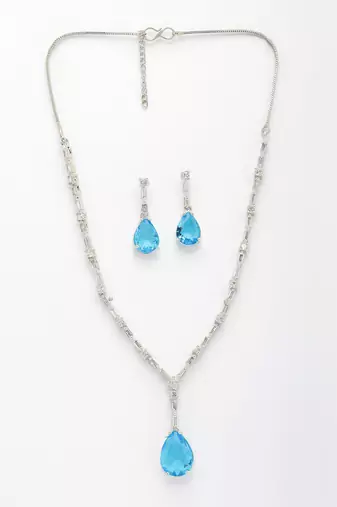  women's silver-plated blue american diamond-studded handcrafted jewellery set
