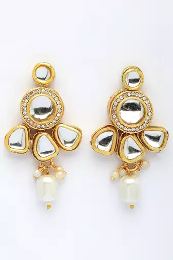 women gold plated kundan studded & pearls long jewellery set