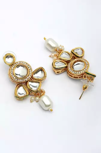  women gold plated kundan studded & pearls long jewellery set