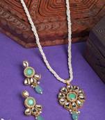  women green stones with kundan studded long jewellery set