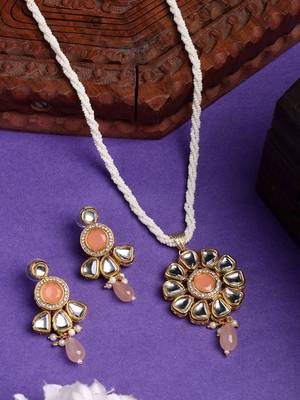 women peach stones with kundan studded long jewellery set 1