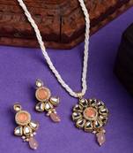  women peach stones with kundan studded long jewellery set