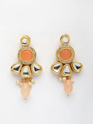  women peach stones with kundan studded long jewellery set 3