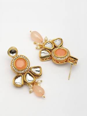  women peach stones with kundan studded long jewellery set 5