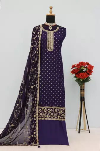 Purple heavy embroidery dola silk semi stitched suits