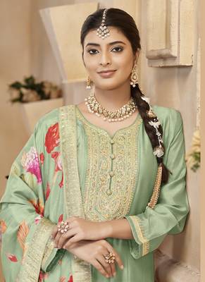 Light pista vichitra silk embroidered anarkali suit 2
