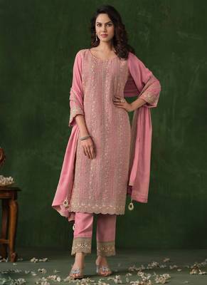 Peach rangoli silk sequin salwar suit 1