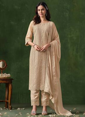 Cream rangoli silk sequin salwar suit 1