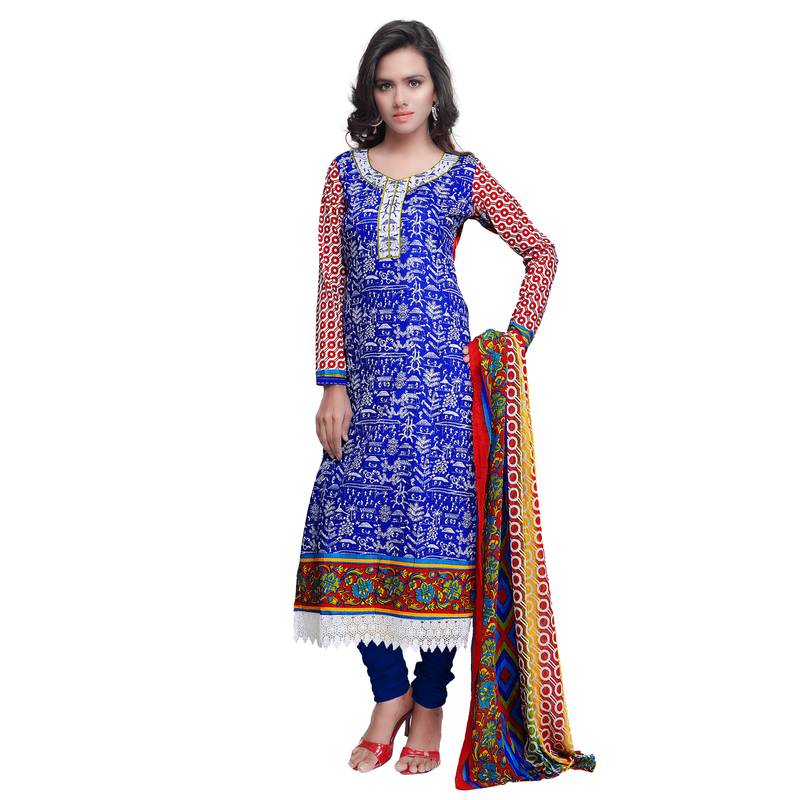 Blue And Red Cotton Unstitched Dress Material