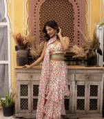 ready to wear white floral printed ruffle saree with belt