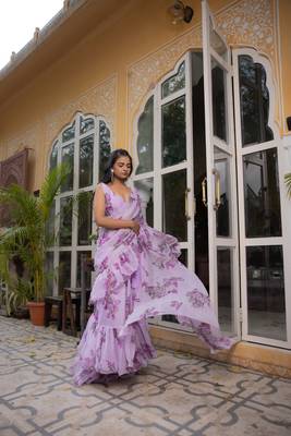 ready to wear lavender floral printed ruffle saree with draped blouse 1