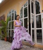 ready to wear lavender floral printed ruffle saree with draped blouse
