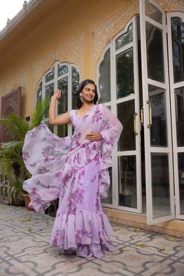 ready to wear lavender floral printed ruffle saree with draped blouse 2