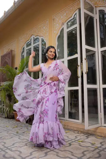 ready to wear lavender floral printed ruffle saree with draped blouse