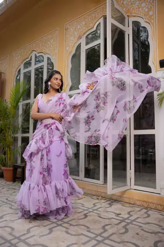 ready to wear lavender floral printed ruffle saree with draped blouse