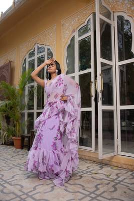 ready to wear lavender floral printed ruffle saree with draped blouse 5