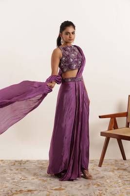 pre draped purple pure silk embroidered saree for women 1