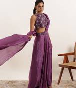 ready to wear purple pure silk embroidered saree for women