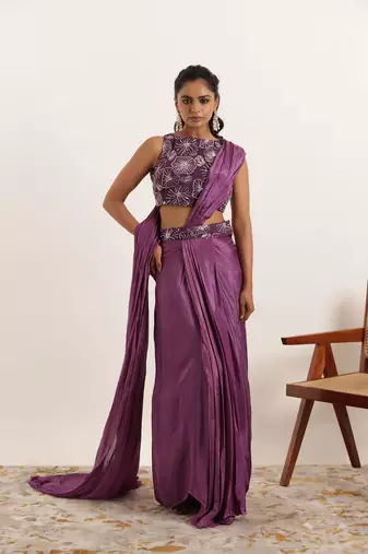 pre draped purple pure silk embroidered saree for women