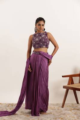 pre draped purple pure silk embroidered saree for women 3