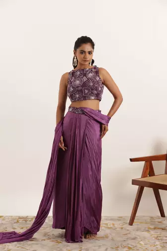 pre draped purple pure silk embroidered saree for women